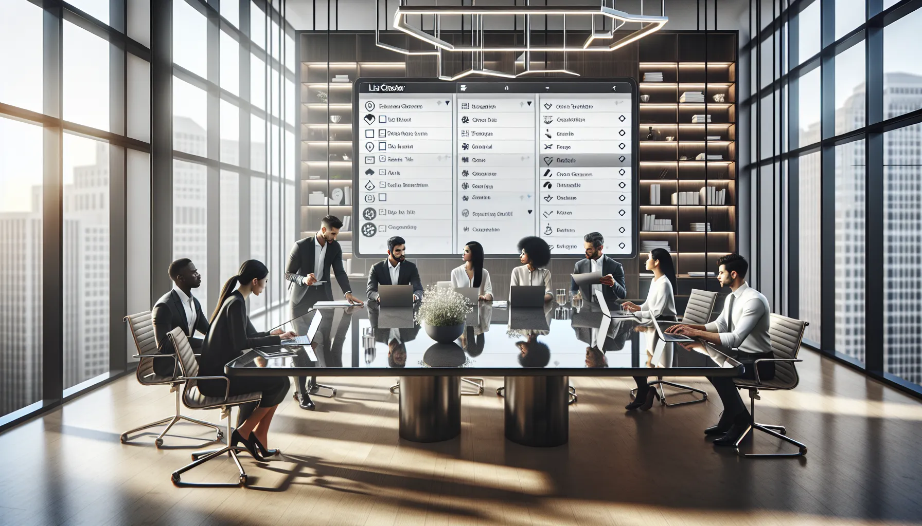 diverse team collaborating on Listcrealer software in a modern office.