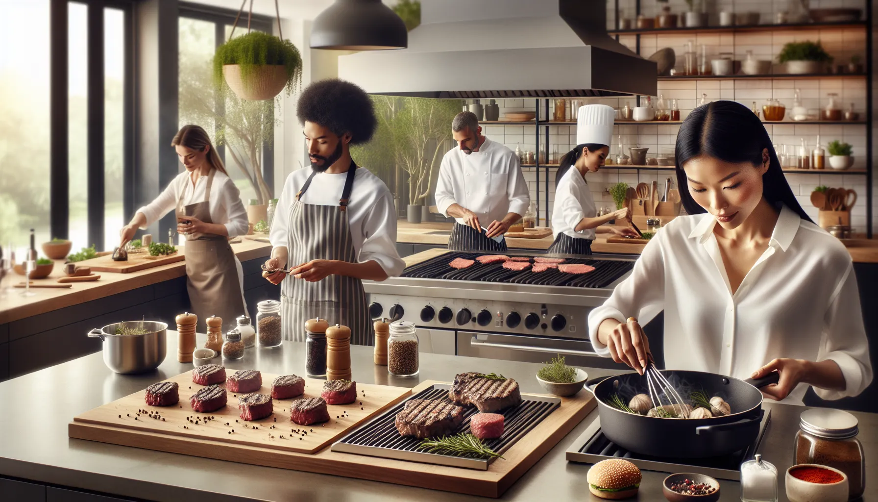chefs preparing bison dishes in a modern kitchen setting.