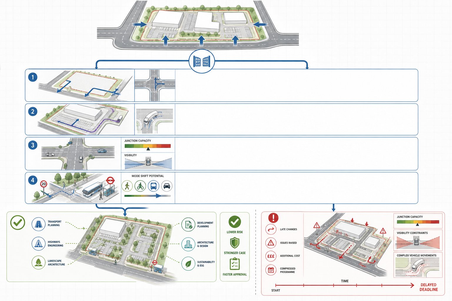 Infographic showing how early transport advice reduces planning risk in development.