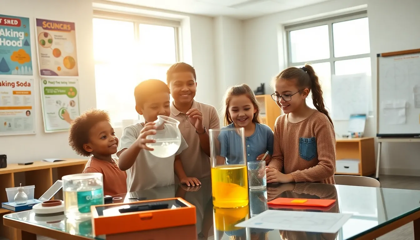 children conducting a STEM experiment in a modern classroom.