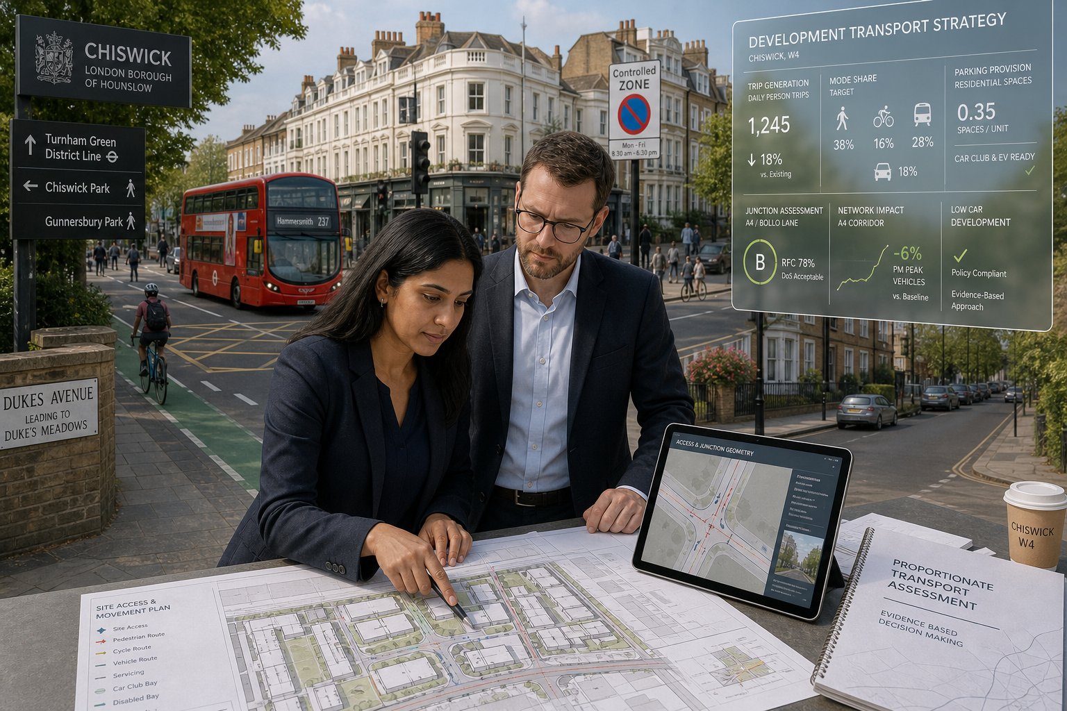Traffic engineer reviewing development plans beside a busy Chiswick street.