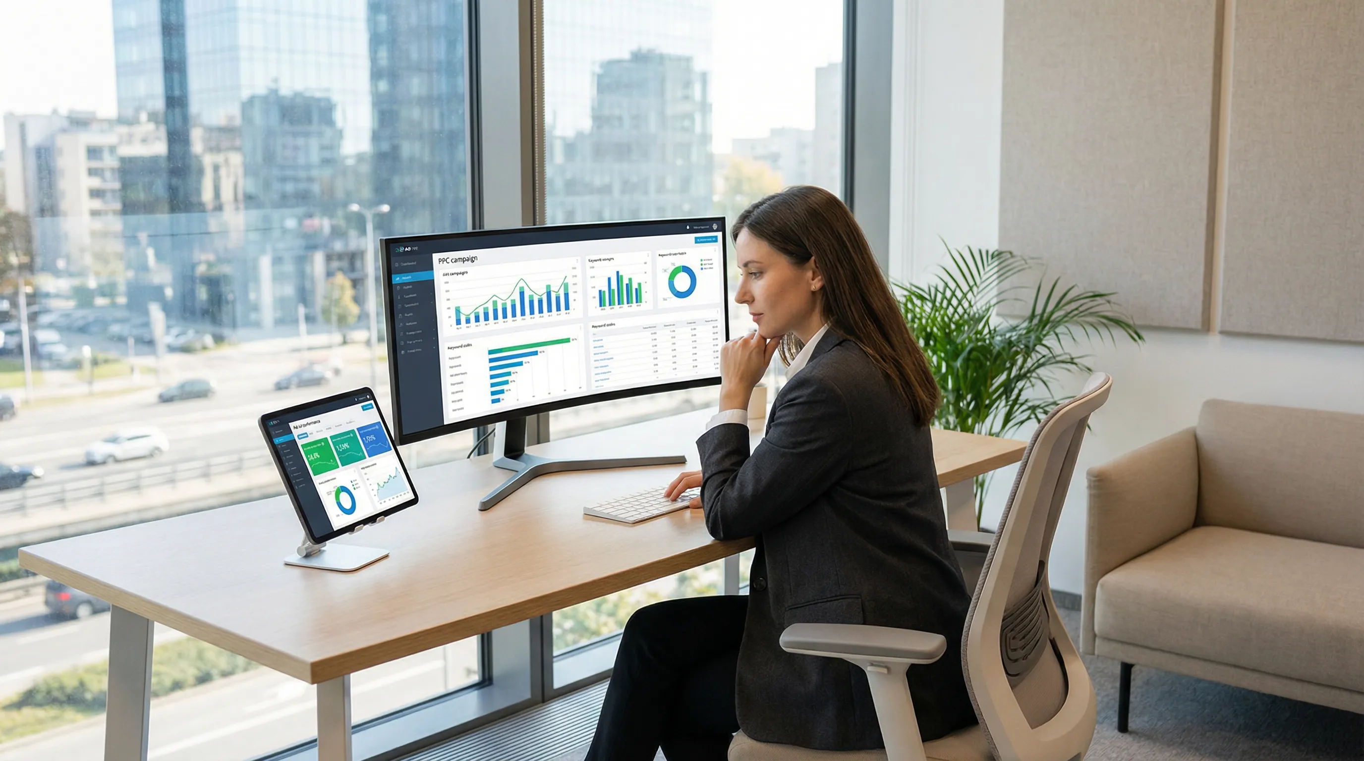 Professional marketer in a modern office analyzing PPC campaign performance on large screens displaying graphs and data, with soft natural light and a blurred city skyline in the background.