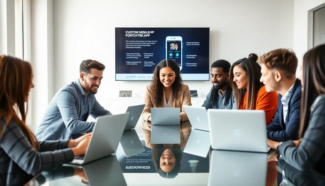 diverse team collaborating on custom mobile app designs in a modern office.