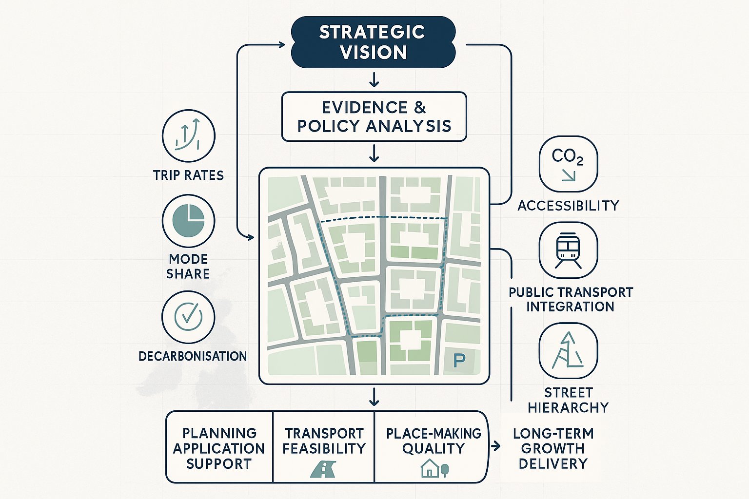 Infographic of a UK masterplan transport strategy linking planning, movement, and place-making.