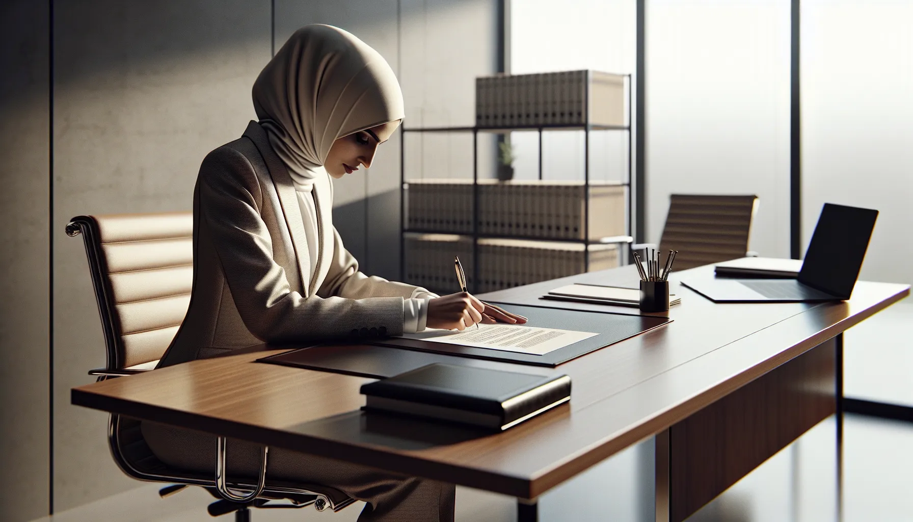 Professional woman writing formal resignation letter at modern office desk
