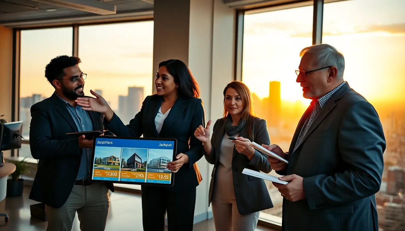 a diverse team discussing accumulative jackpots in a modern office.