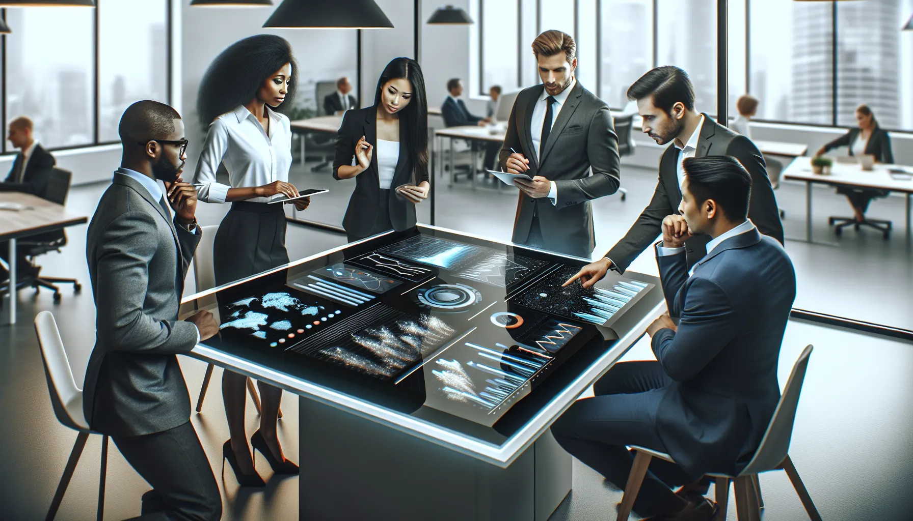 diverse team discussing data in a modern office