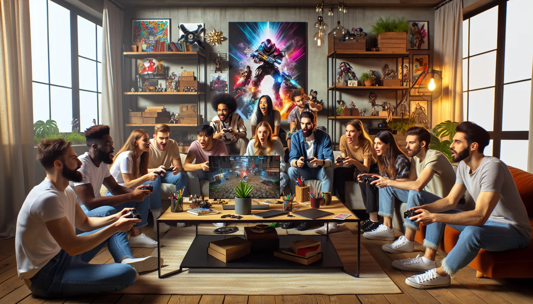 friends enjoying a lively gaming session in a cozy living room.