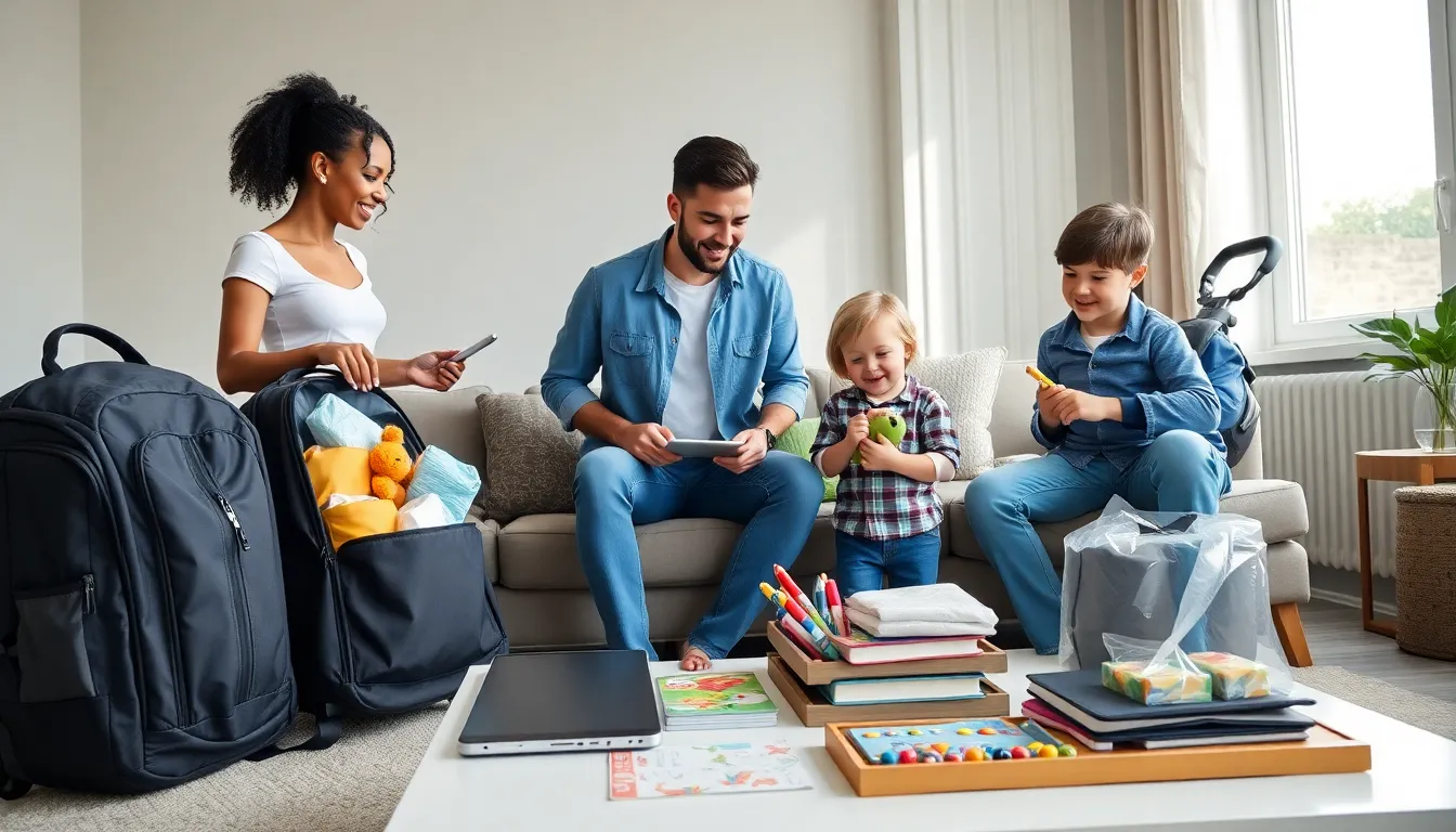 family packing for a trip with toddlers in a modern living room.