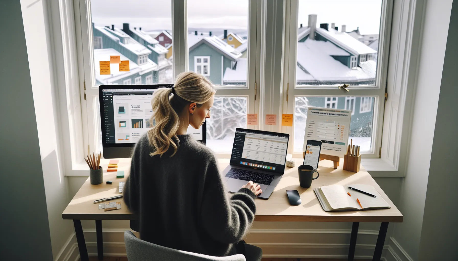 Norwegian creator analyzes data for a niche online course at a desk.