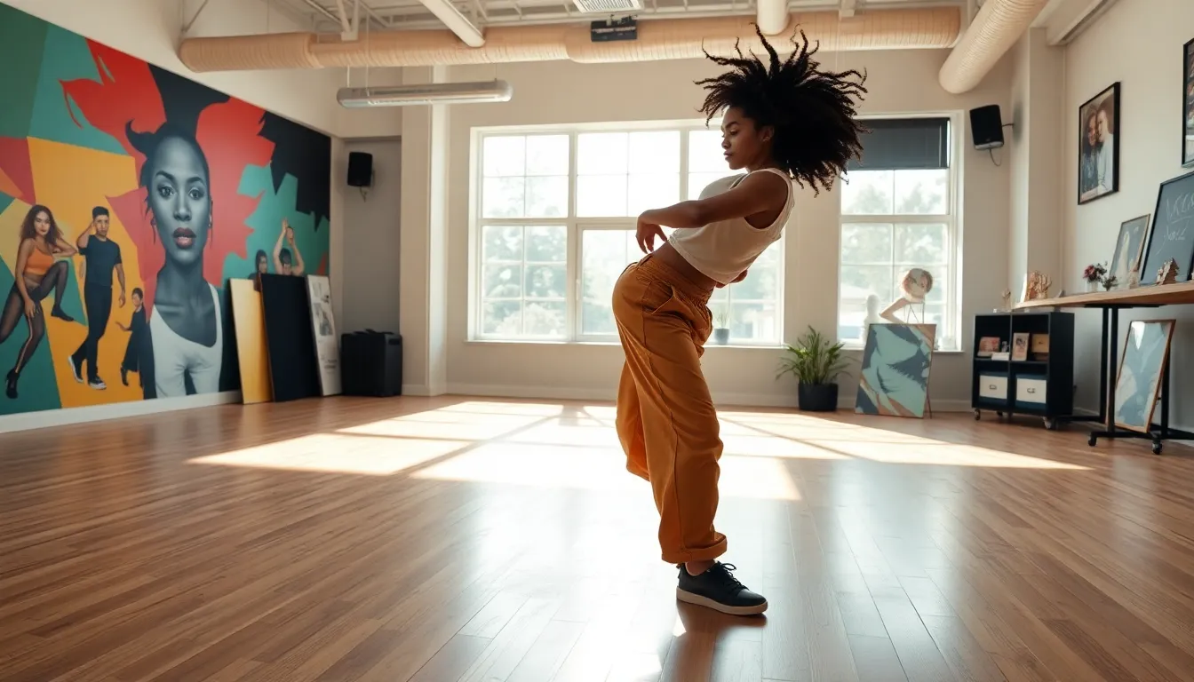 Diverse dancer performing in a vibrant modern dance studio.