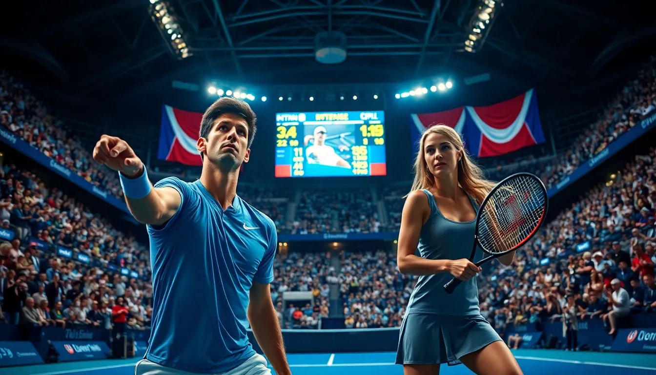 Novak Djokovic serving during an exciting US Open match.