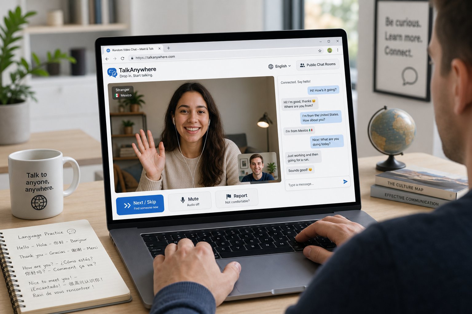 Adult using laptop for browser-based random video chat with simple controls.