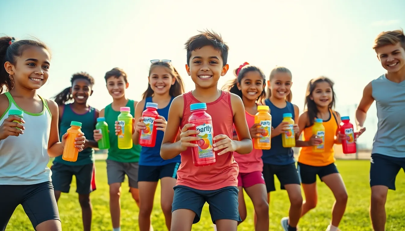 diverse young athletes holding healthy sports drinks during practice.