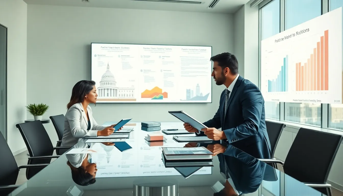 diverse professionals discussing politics in a modern office.