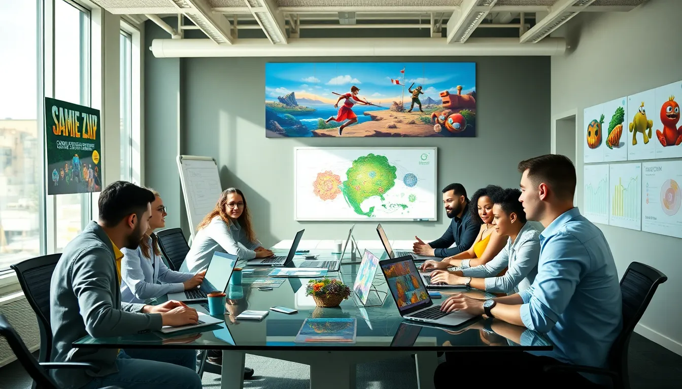 diverse game developers collaborating in a modern office.