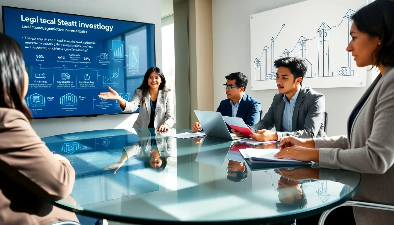 diverse team discussing legaltech investments in a modern office.