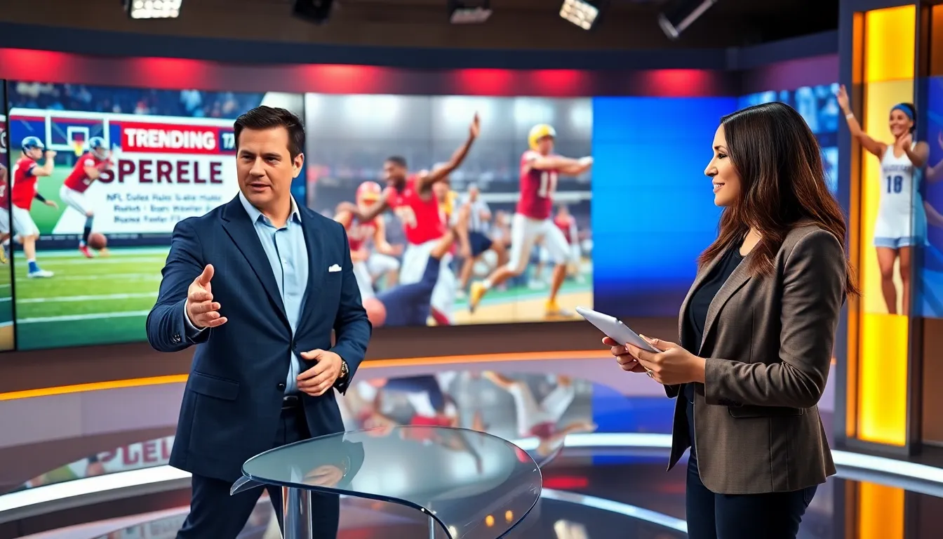 diverse team discussing trending sports stories in a modern newsroom.