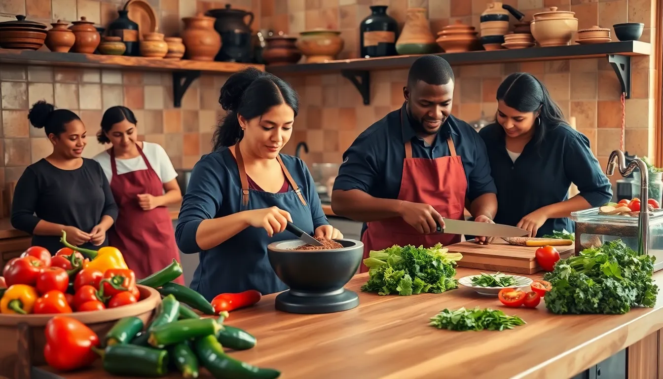 group preparing traditional Mexican dishes in a warm kitchen.