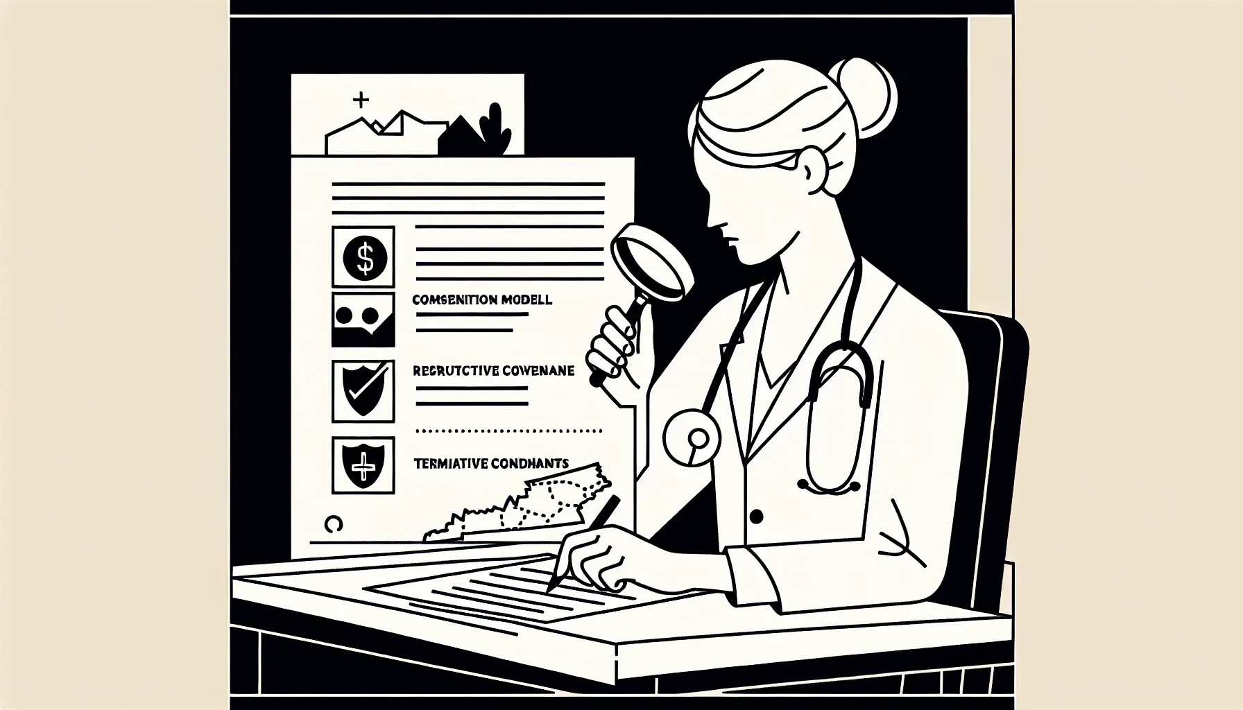Veterinarian at desk examining a contract with checklist and Tennessee map of Tennessee Veterinary Contract Review.