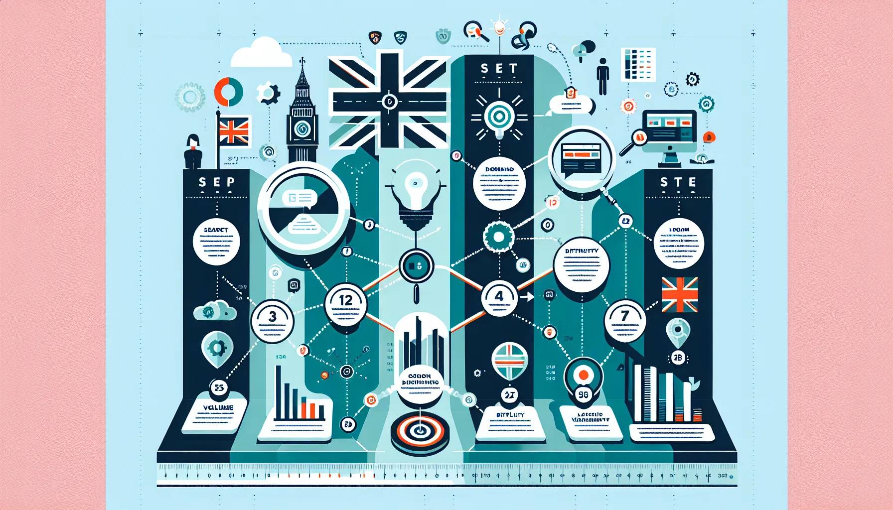 Process infographic for building a UK-focused SEO keywords list.