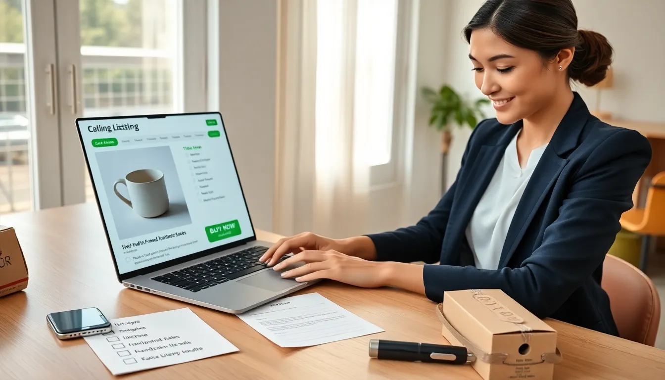 Small-business owner reviewing a clear product listing on a laptop