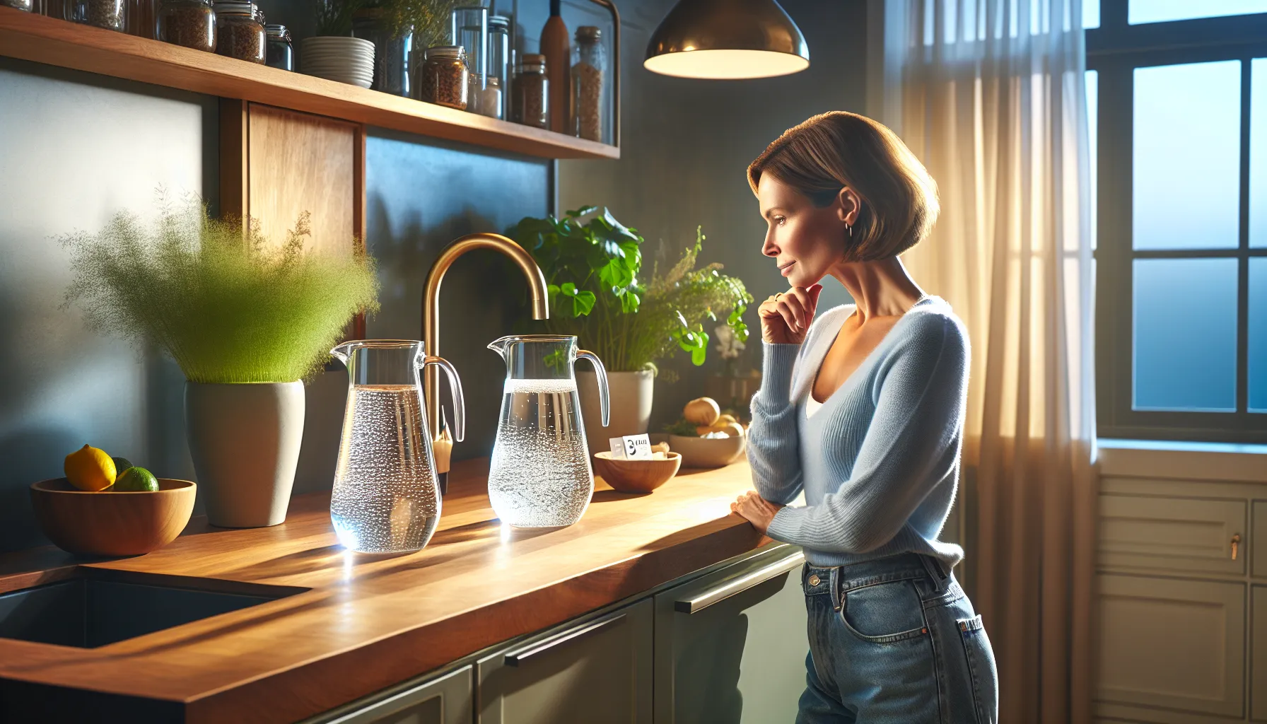 a woman comparing purified and spring water in a kitchen.