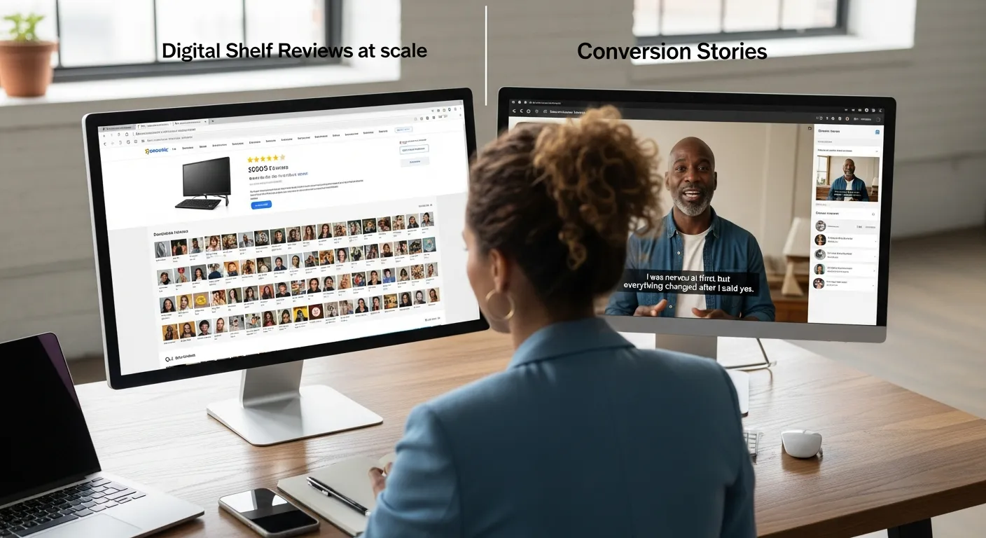 Marketer compares review grids and emotional video testimonials on dual monitors in an office.