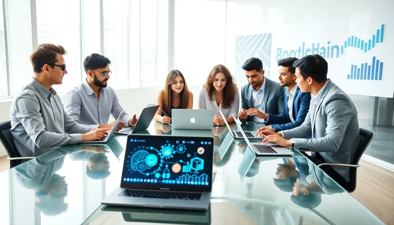 diverse team brainstorming tech startup ideas in a modern office.
