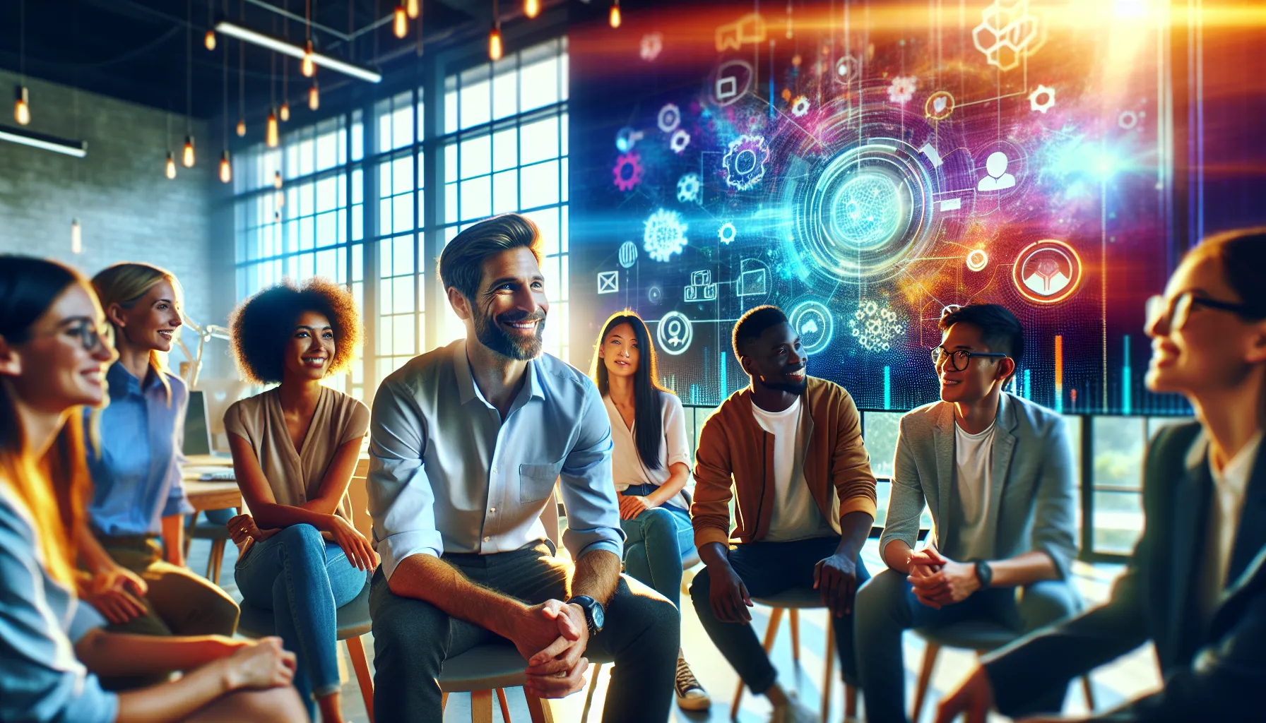 Tommy Jacobs leading a collaborative team in a modern tech office.