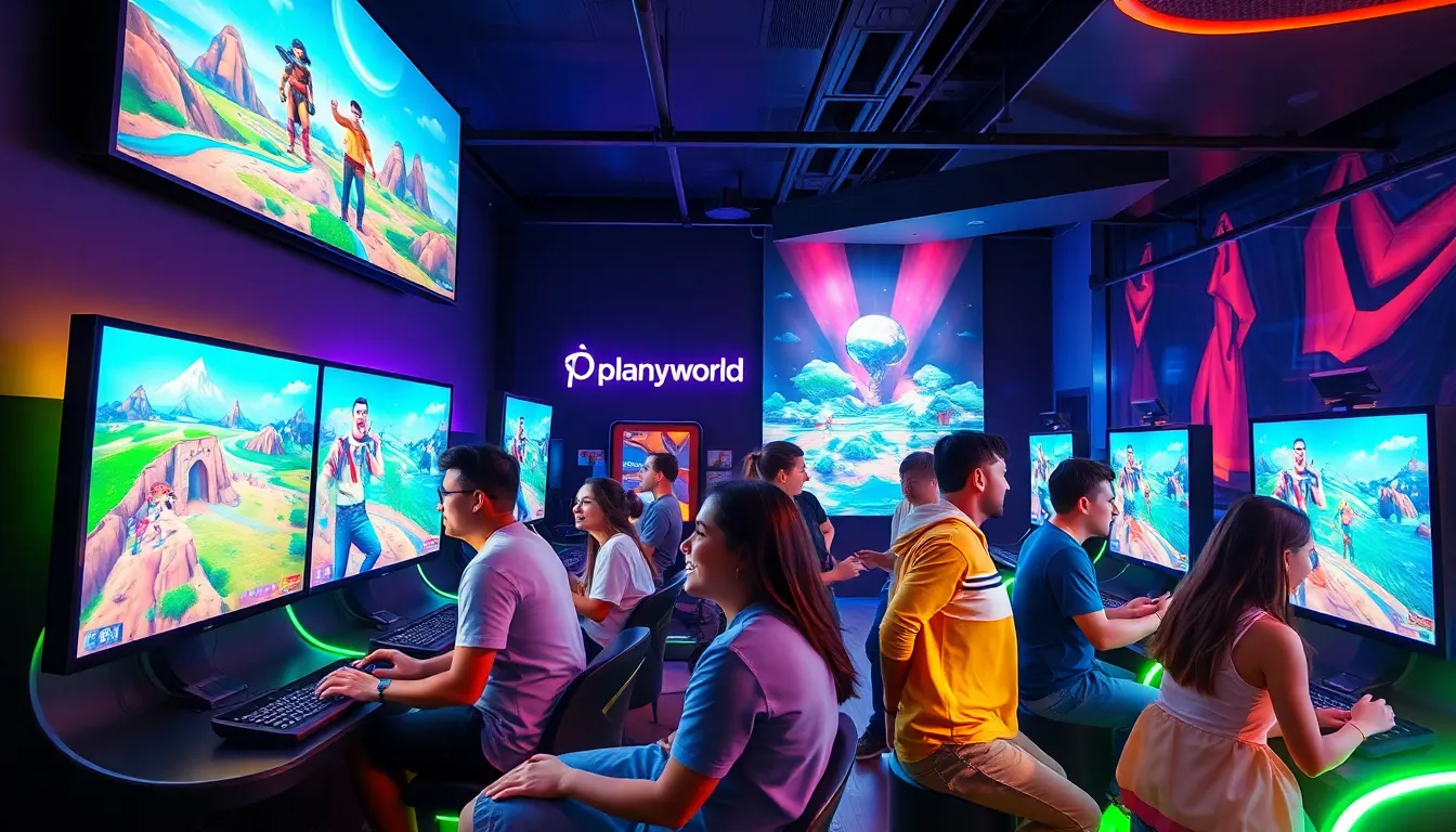 diverse players exploring a vibrant gaming world in a modern lounge.