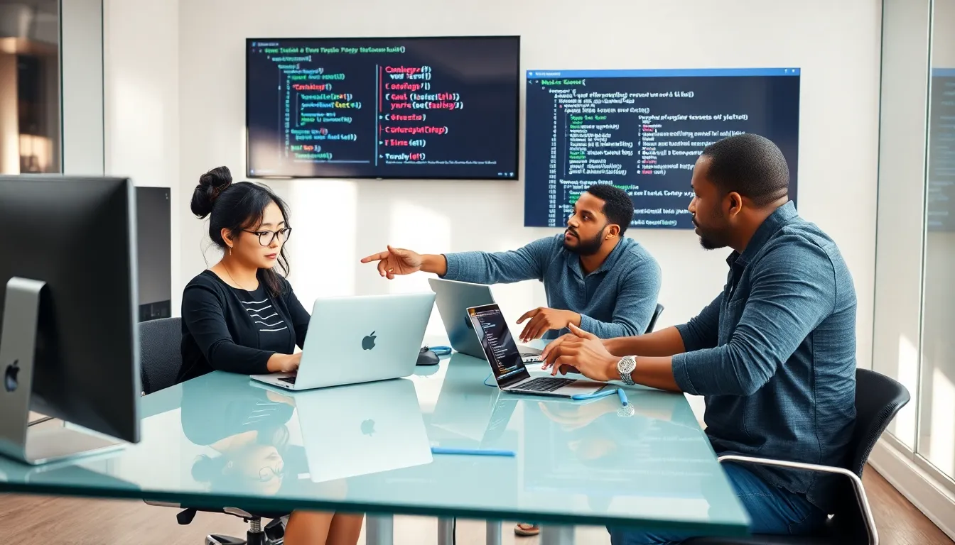 developers discussing JavaScript variable declarations in a modern office.
