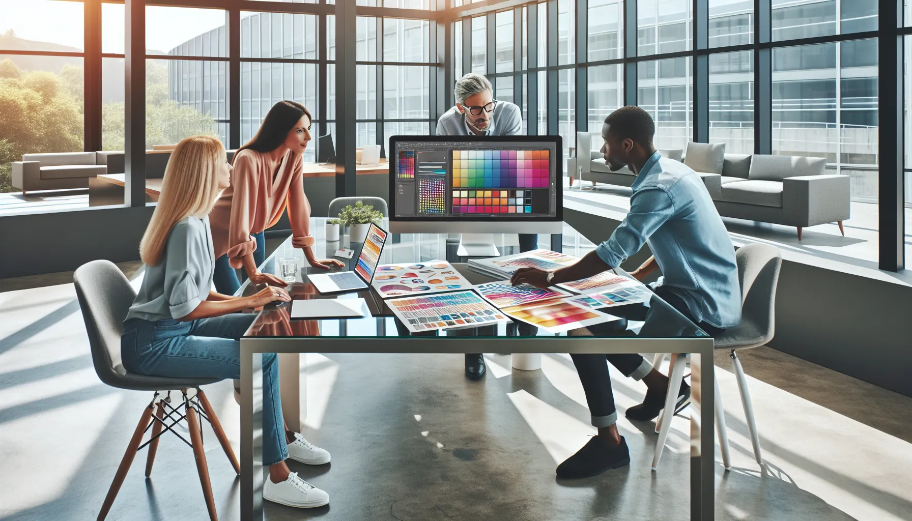 diverse team collaborating on Shotscribus software in a modern office.