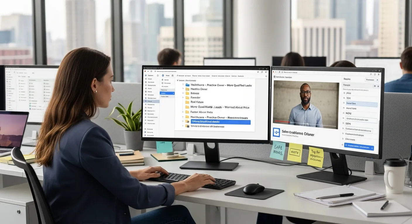 Marketer organizing a structured, tagged video testimonial library on dual monitors in office.