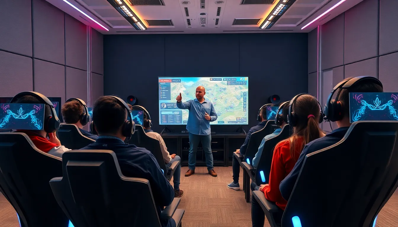 diverse players and coach strategizing in a modern esports training room.