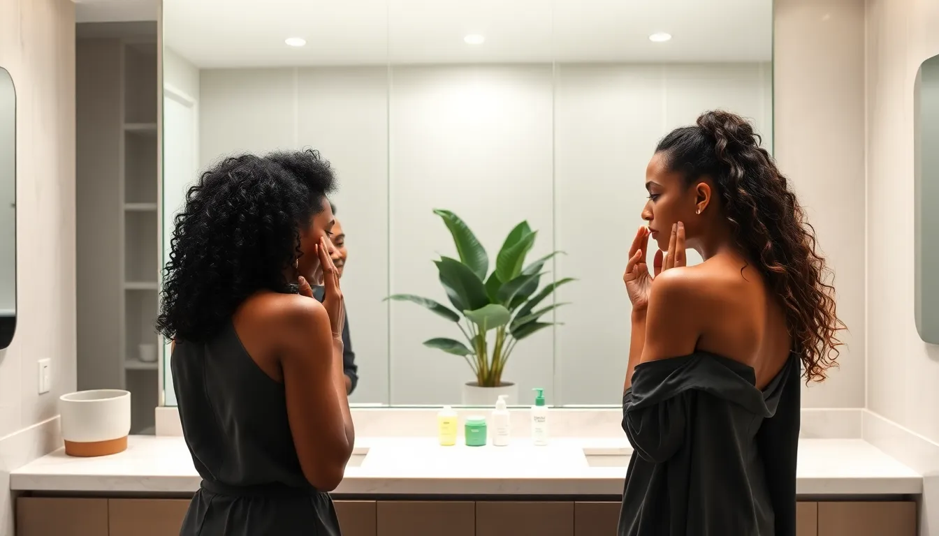 professionals applying skincare products in a modern bathroom.