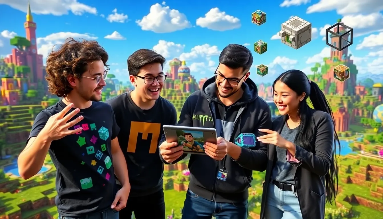 three developers discussing a new Minecraft mod in a colorful digital landscape.
