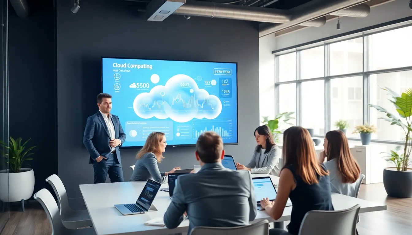 cloud computing consultant discussing with a diverse team in a modern office.