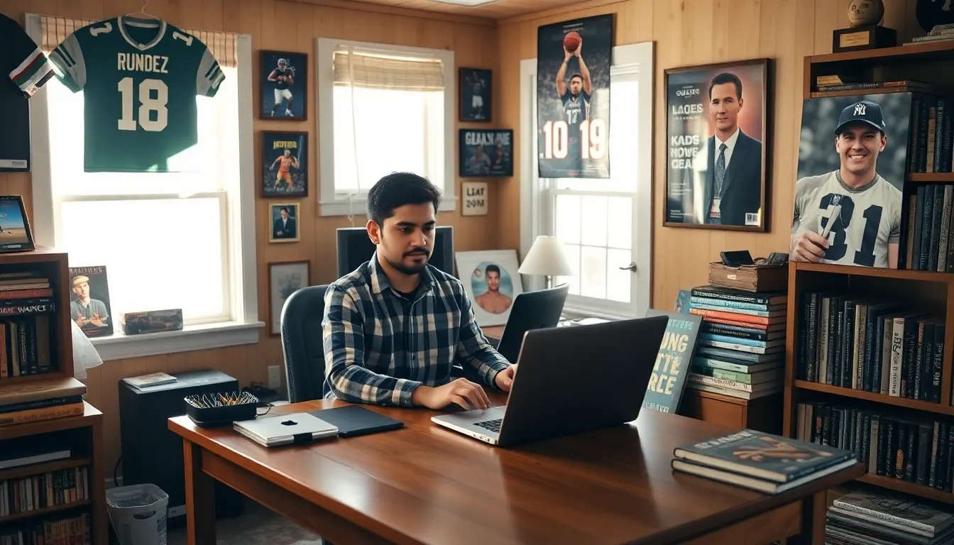 a young Latino sports journalist working in a cozy home office.