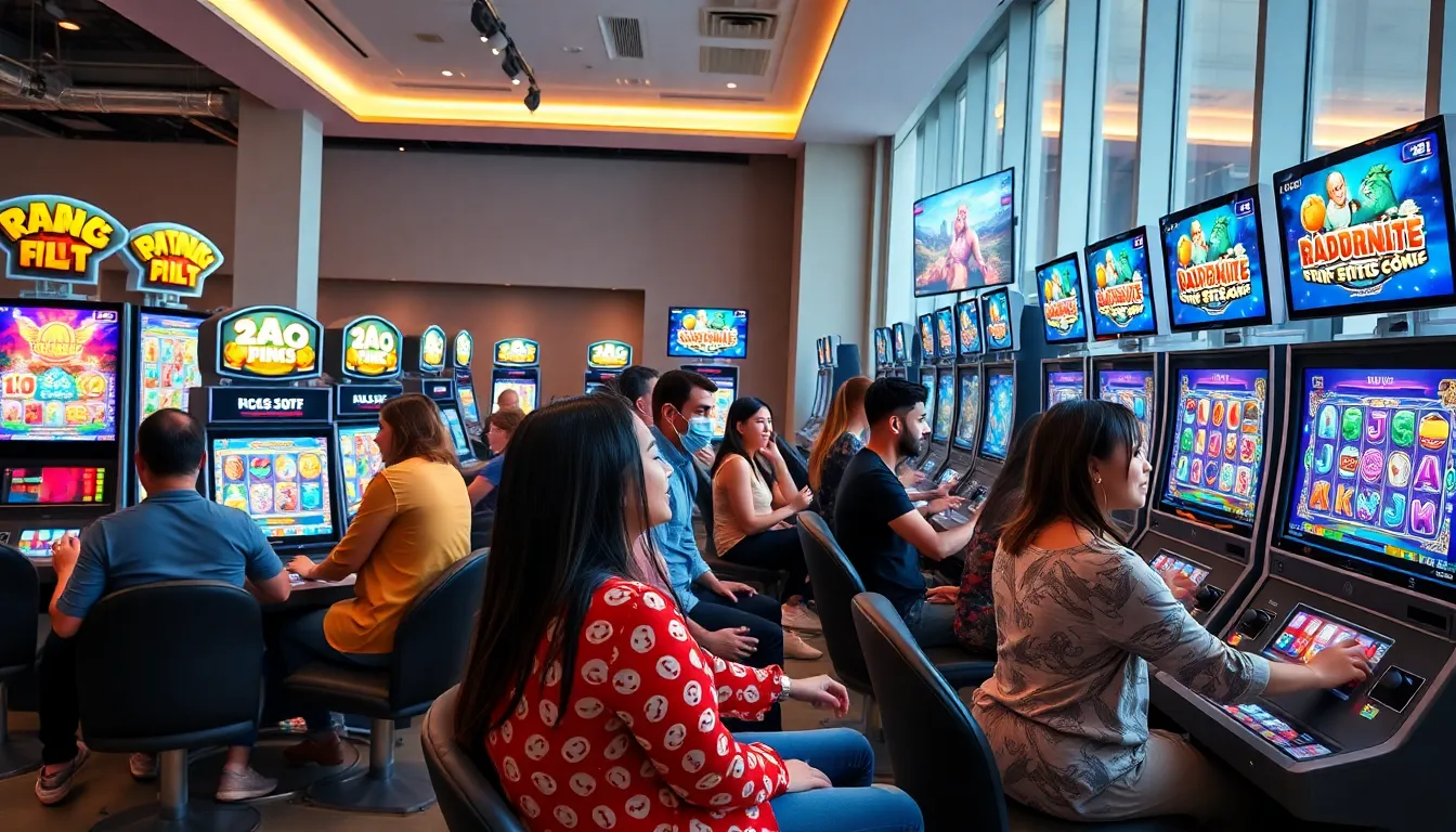 group of diverse gamers enjoying Dadunation slot games in a modern lounge.