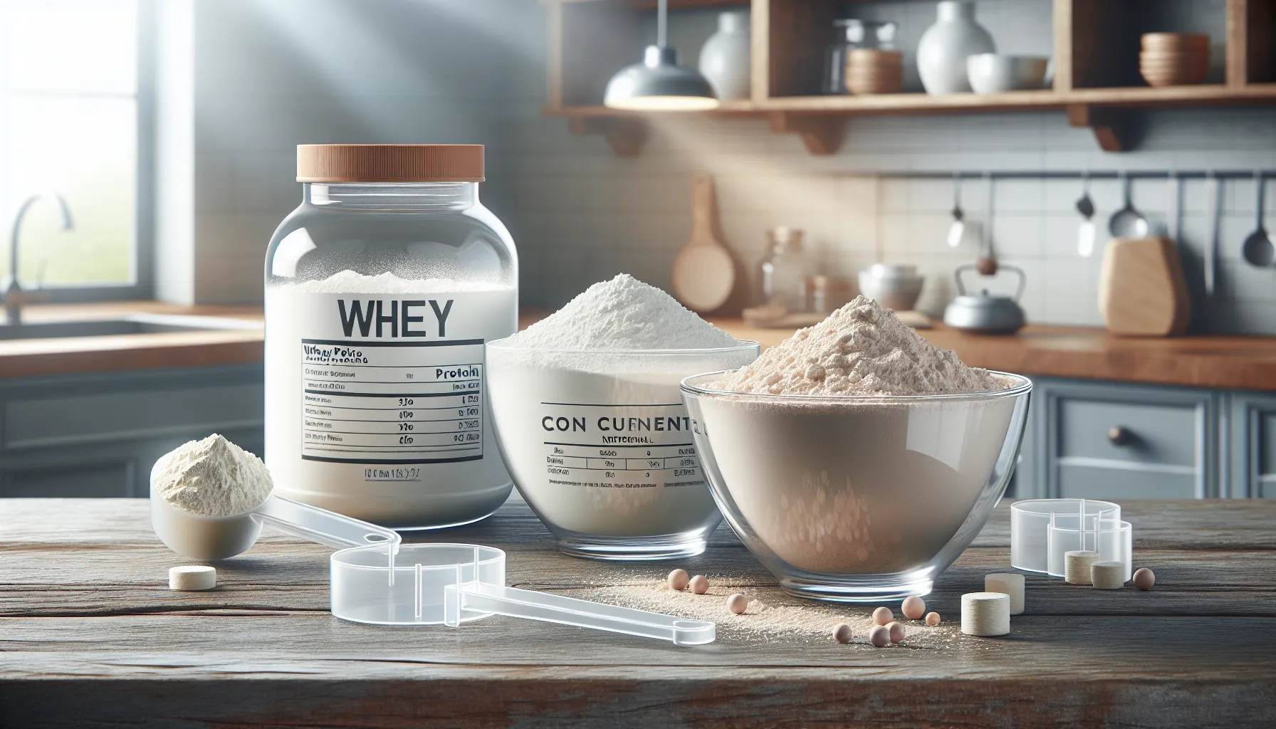 Two bowls of whey isolate and concentrate with labels on a wooden surface.