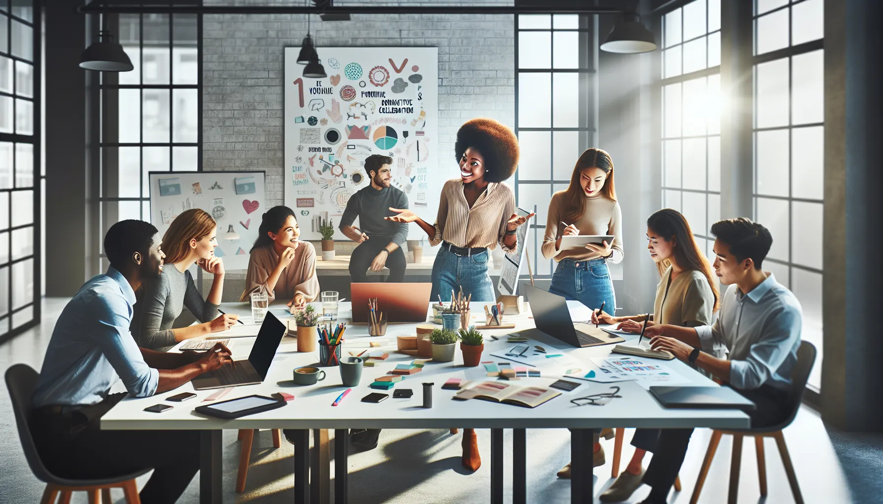 diverse team collaborating in a vibrant digital workspace.