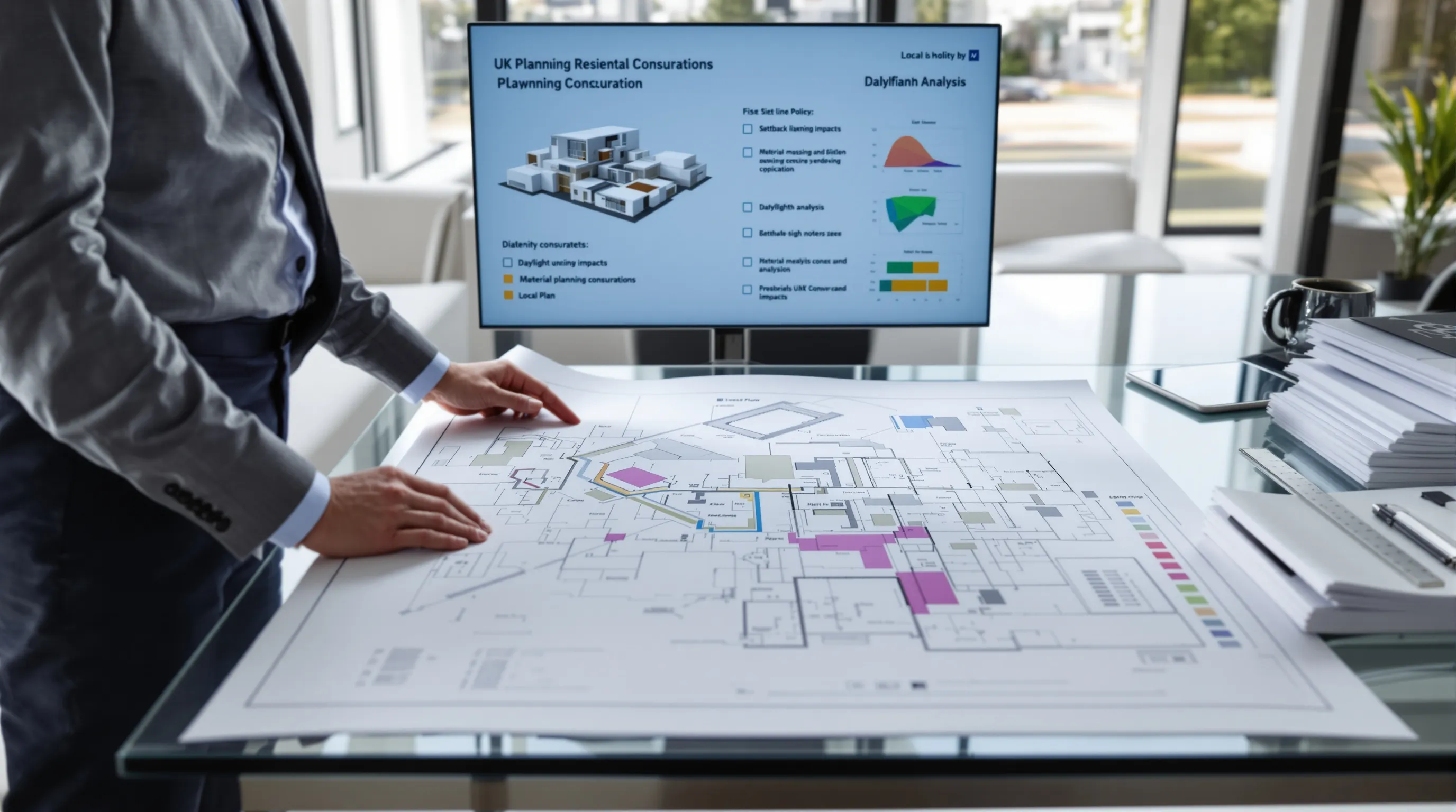Planning consultant reviewing annotated site plan with compliance overlays in modern office.