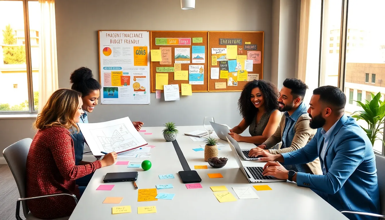 diverse group planning a budget event in a modern office.