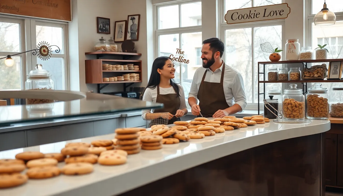 Cozy bakery with diverse bakers, showcasing an array of homemade cookies.