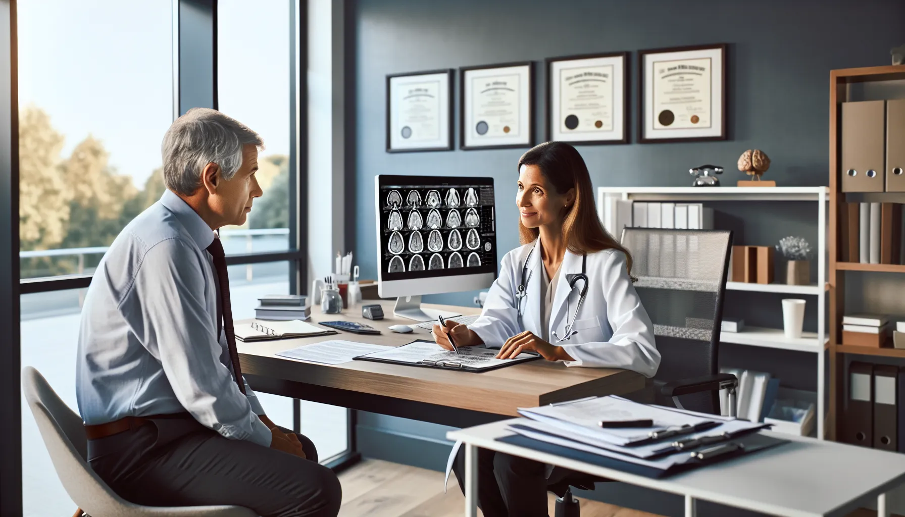 Doctor consulting with Parkinson's patient in modern Croatian medical office