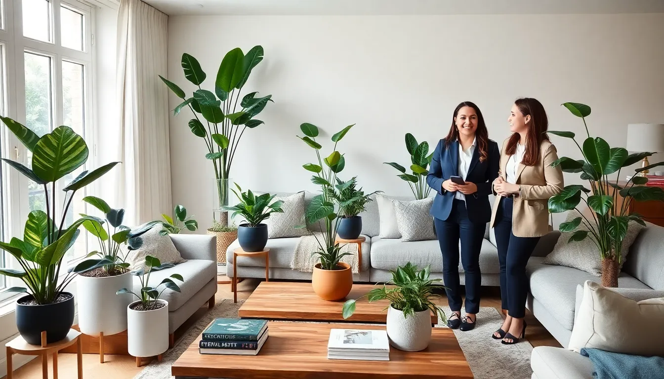Model home interior with luxury house plants and a diverse group discussing plant care.