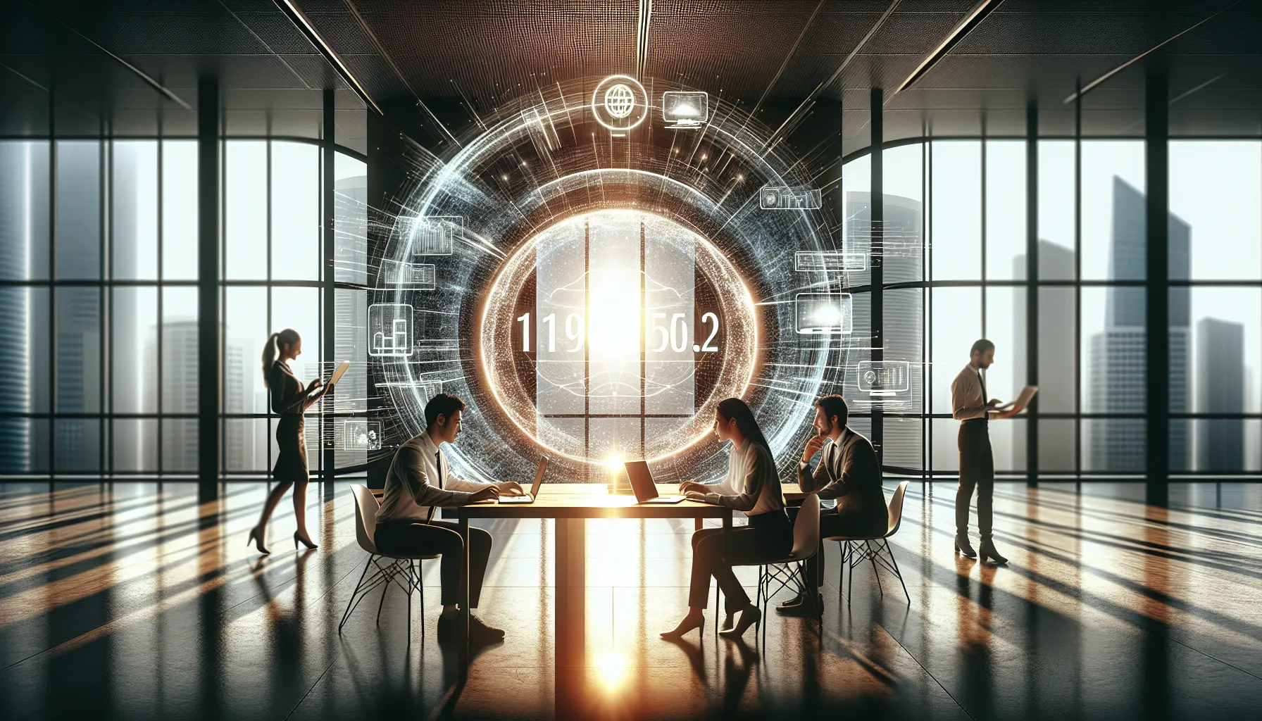 professionals collaborating in a high-tech office on network technologies.