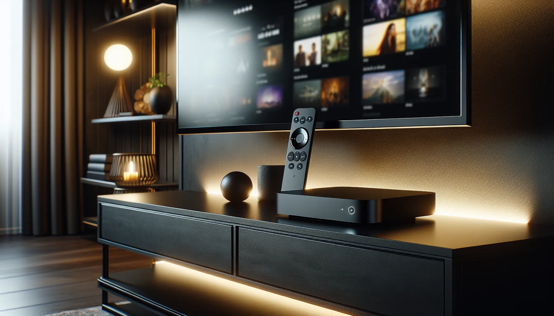 Apple TV device and remote on a modern TV console.