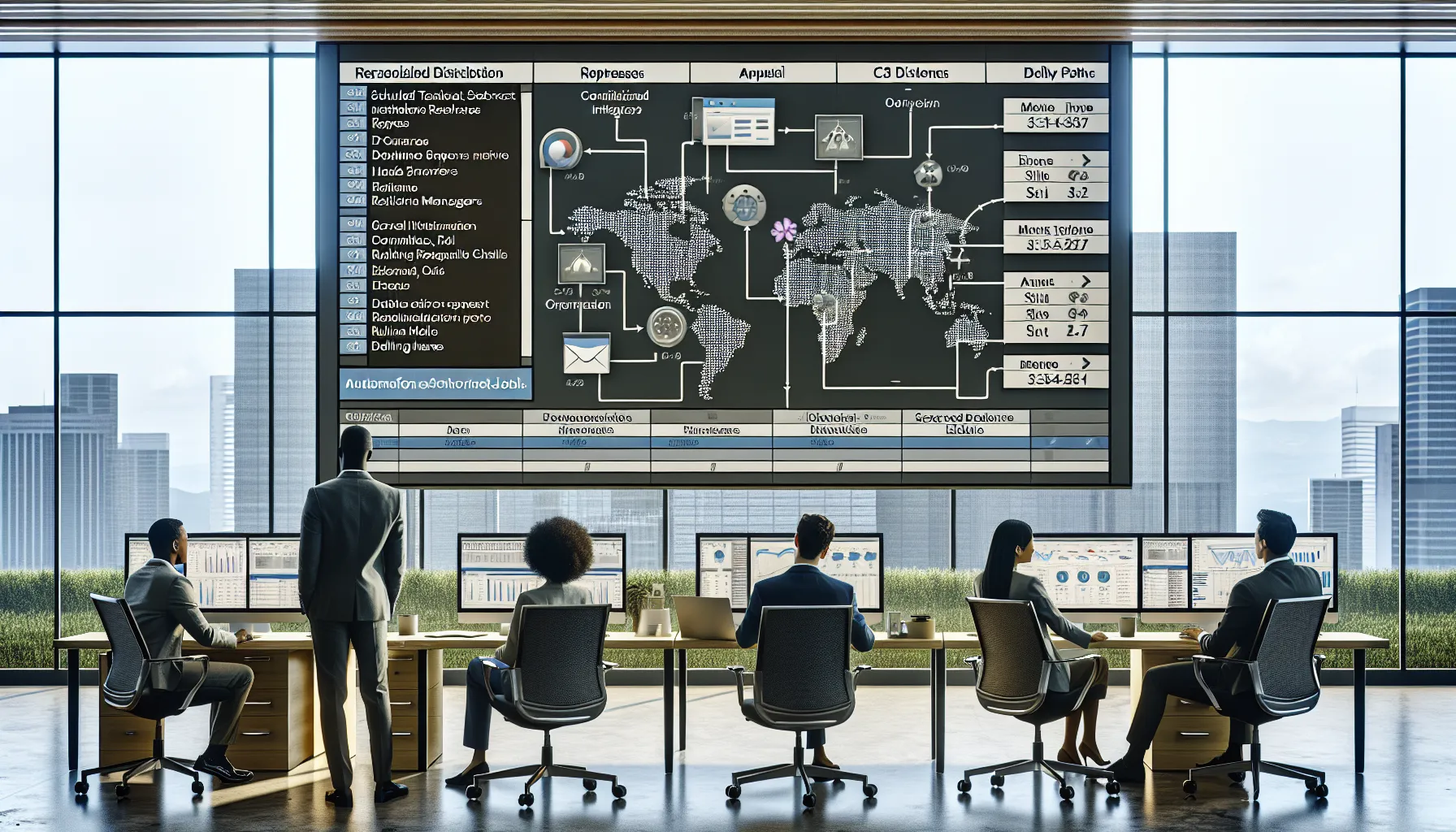 Data team reviewing automated Tableau report scheduling workflow on large office screen.